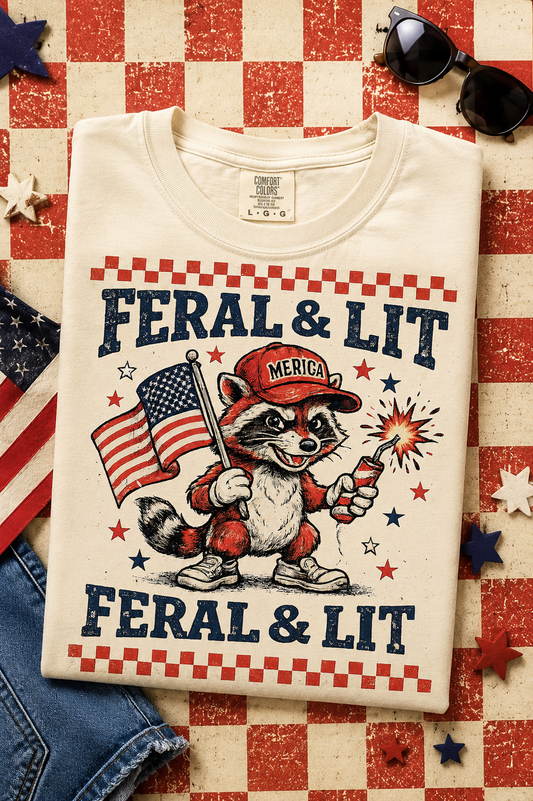 Feral and Lit funny patriotic raccoon PNG design