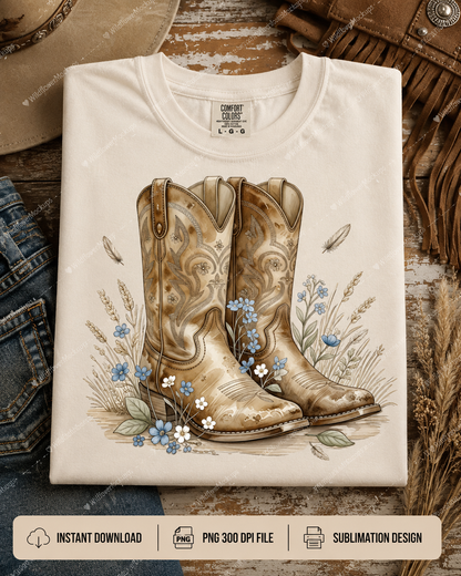 Cowboy Boots Watercolor PNG | Western Floral Cowgirl Sublimation Design for POD Commercial Use
