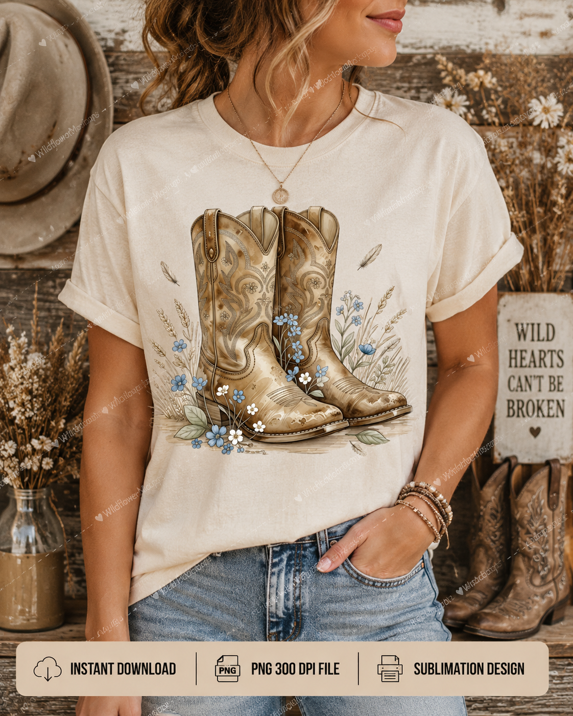 Cowboy Boots Watercolor PNG | Western Floral Cowgirl Sublimation Design for POD Commercial Use