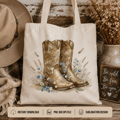 Cowboy Boots Watercolor PNG | Western Floral Cowgirl Sublimation Design for POD Commercial Use