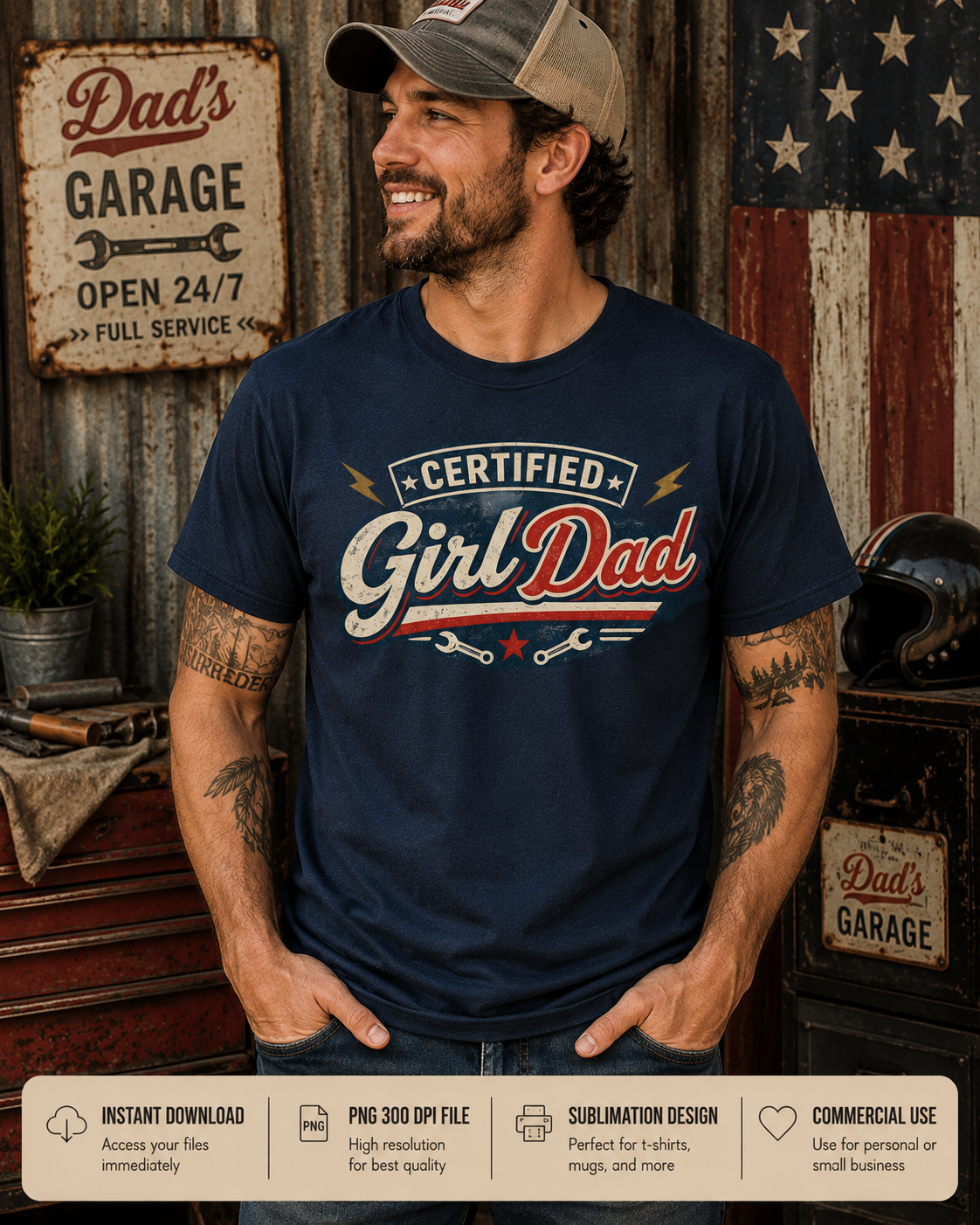 Vintage Certified Girl Dad PNG digital download with distressed typography for fatherhood apparel and sublimation projects.