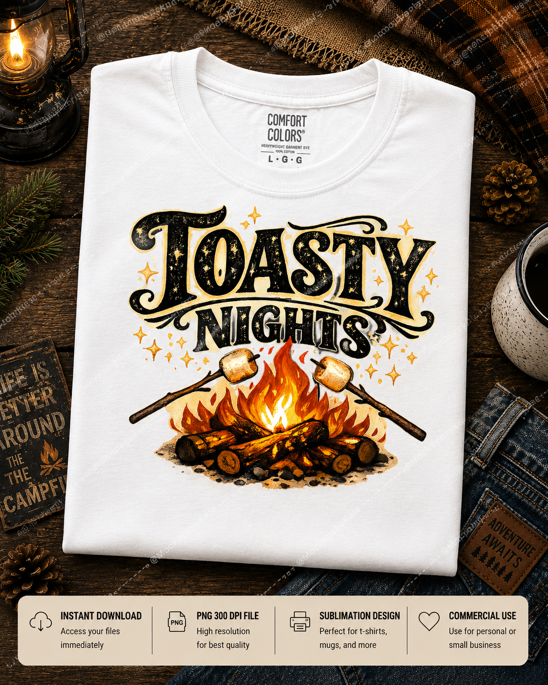 Toasty Nights PNG | Retro Campfire Sublimation Design for Camping Shirts and POD