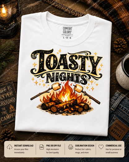 Toasty Nights PNG | Retro Campfire Sublimation Design for Camping Shirts and POD