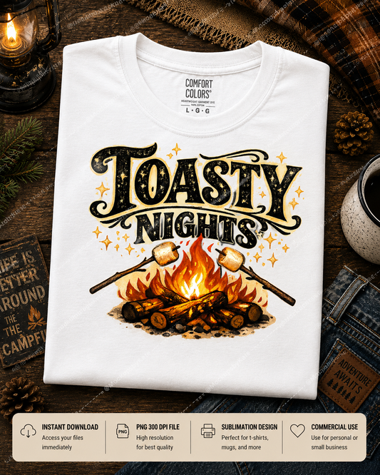 Toasty Nights PNG | Retro Campfire Sublimation Design for Camping Shirts and POD