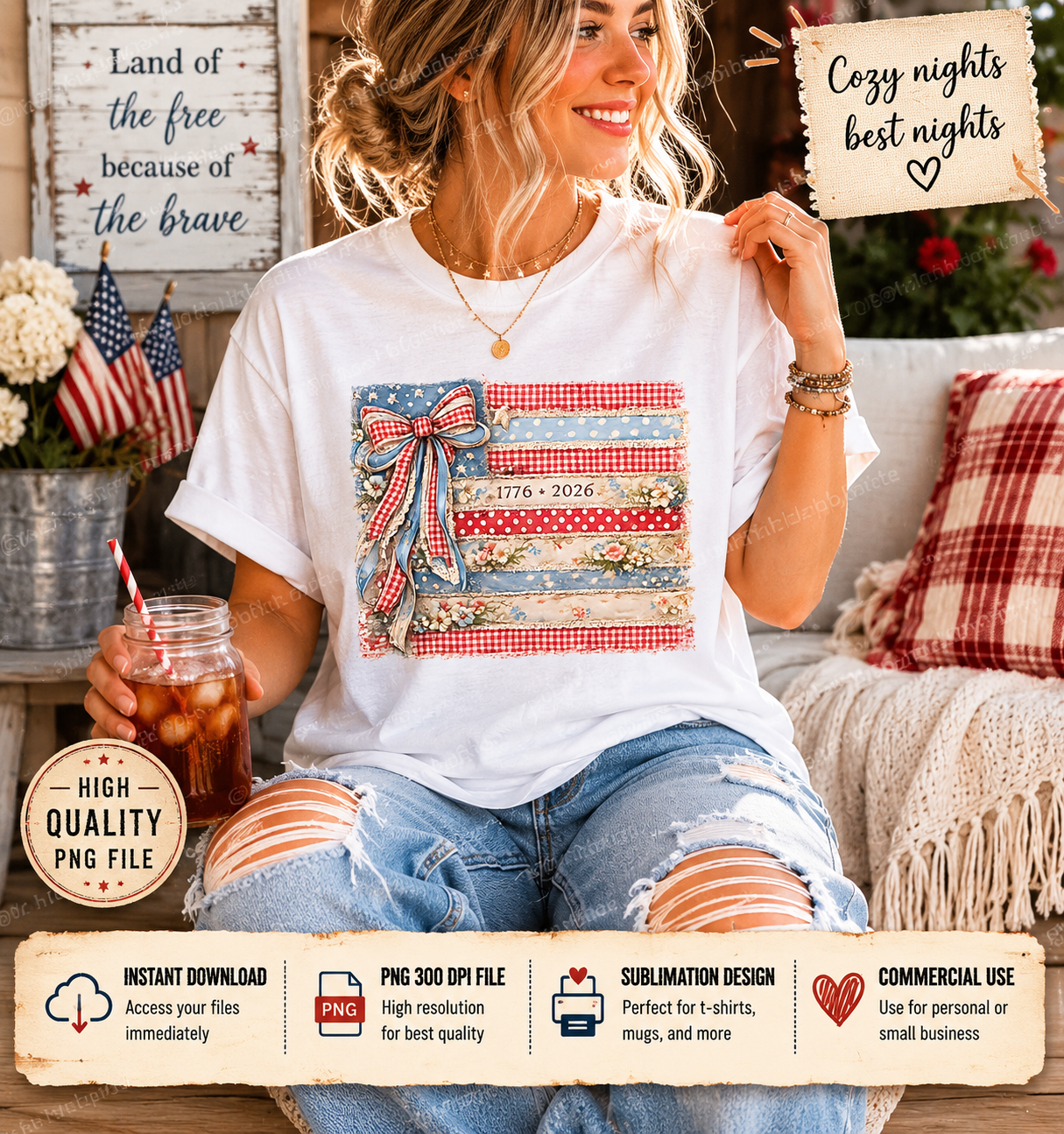 Coquette American Flag PNG, Patriotic Bow Ditsy Floral, 250th Anniversary Checkered USA Design, Retro Brushstroke, 4th of July Sublimation DTF Digital File