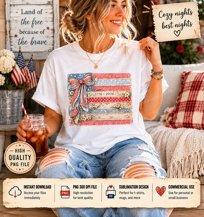 Coquette American Flag PNG, Patriotic Bow Ditsy Floral, 250th Anniversary Checkered USA Design, Retro Brushstroke, 4th of July Sublimation DTF Digital File