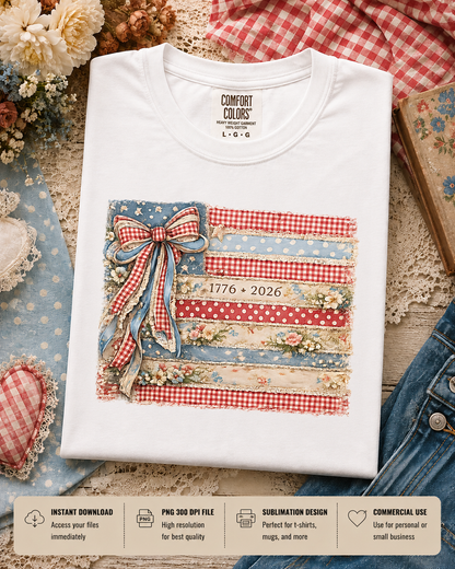 Coquette American Flag PNG, Patriotic Bow Ditsy Floral, 250th Anniversary Checkered USA Design, Retro Brushstroke, 4th of July Sublimation DTF Digital File