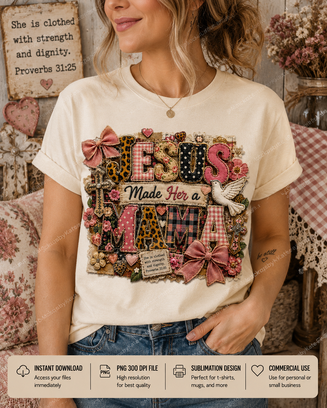 Jesus Made Her a Mama patchwork Christian mama PNG with floral bows, leopard print, crosses, and vintage coquette style design