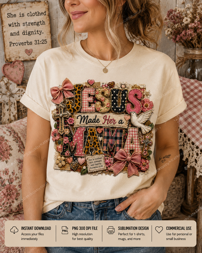 Jesus Made Her a Mama patchwork Christian mama PNG with floral bows, leopard print, crosses, and vintage coquette style design