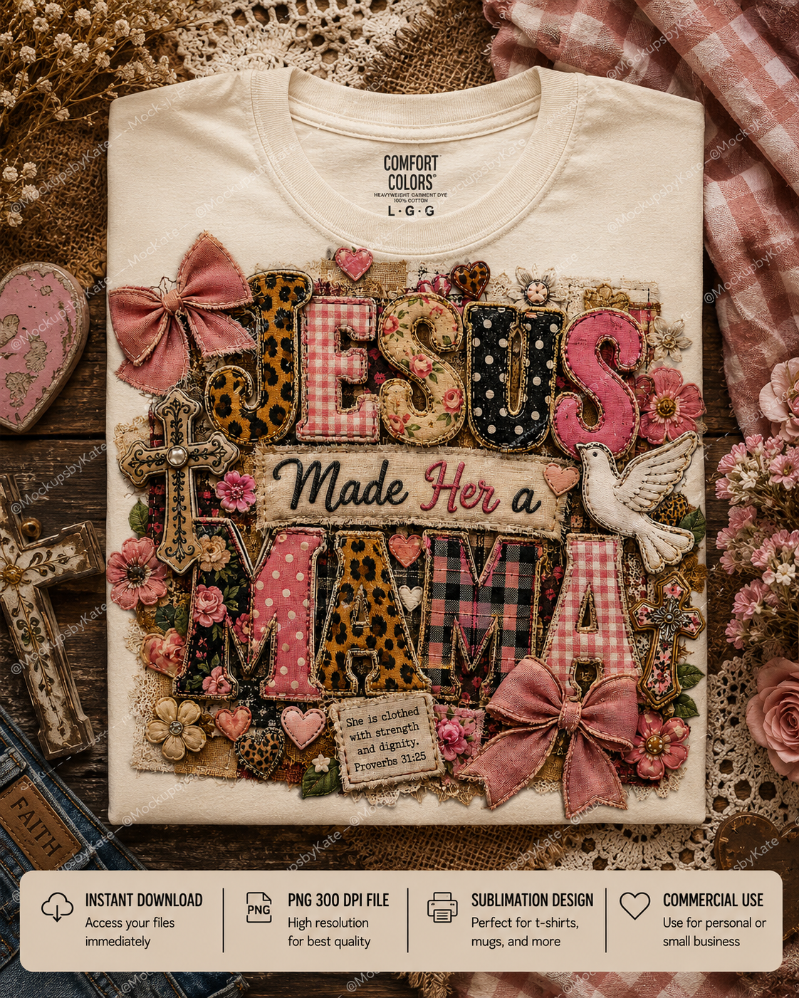 Jesus Made Her a Mama patchwork Christian mama PNG with floral bows, leopard print, crosses, and vintage coquette style design