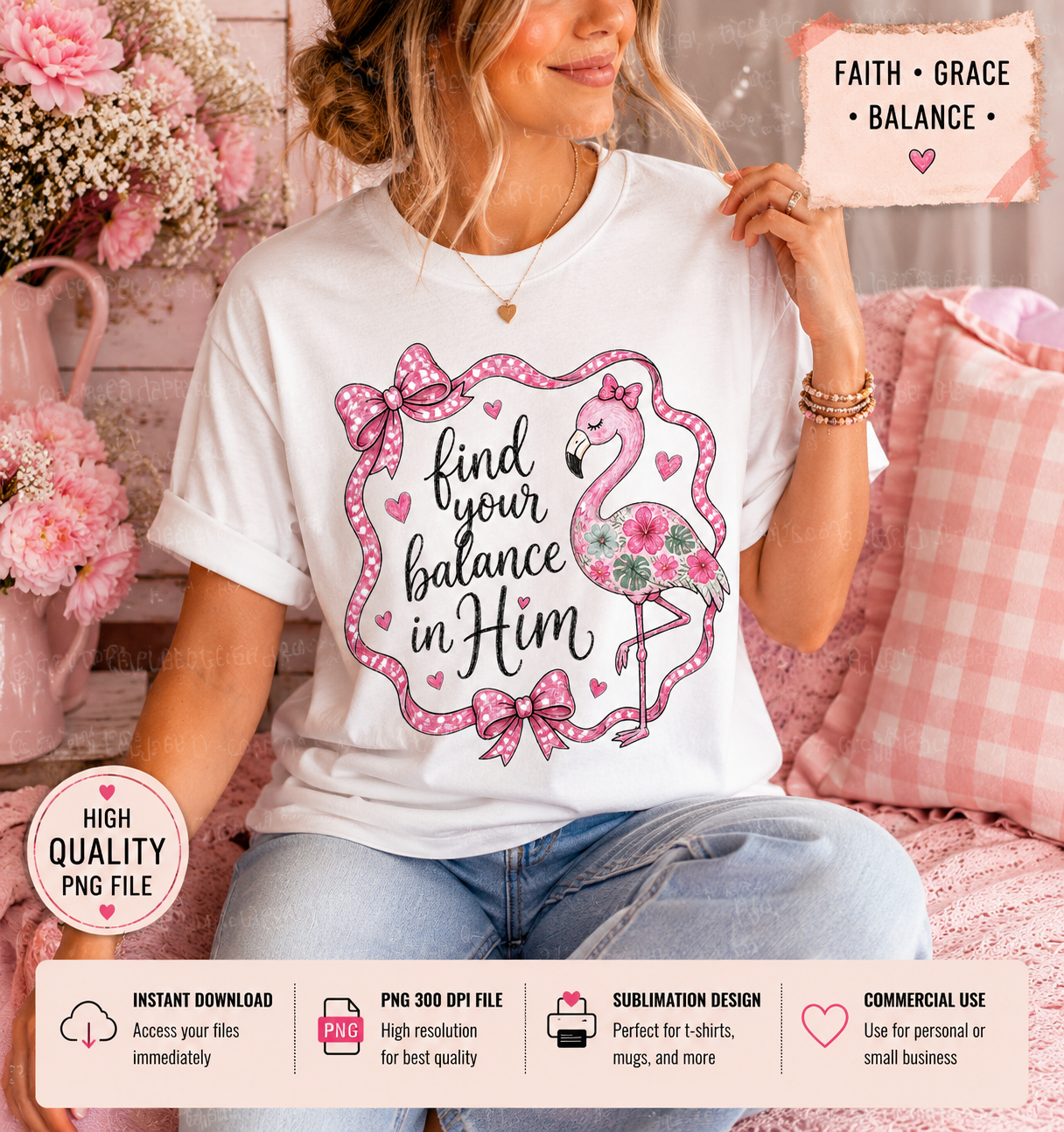 Faith-inspired flamingo PNG featuring pink bows, tropical floral artwork, and Christian coquette summer style for sublimation apparel and accessories.