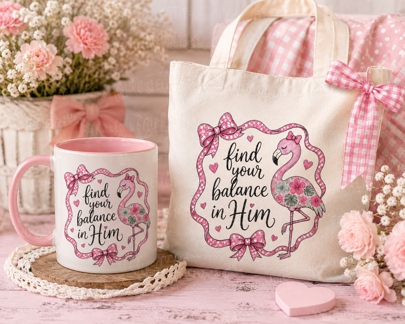 Cute Christian flamingo PNG with feminine pink bows and tropical faith-inspired summer aesthetic for POD apparel and accessories.
