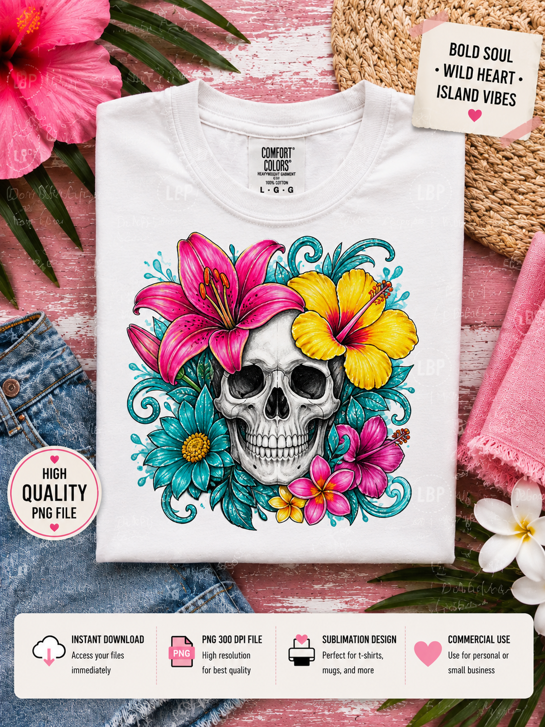 Gothic floral skull PNG with hibiscus flowers and tropical blooms for alternative apparel and sublimation products.