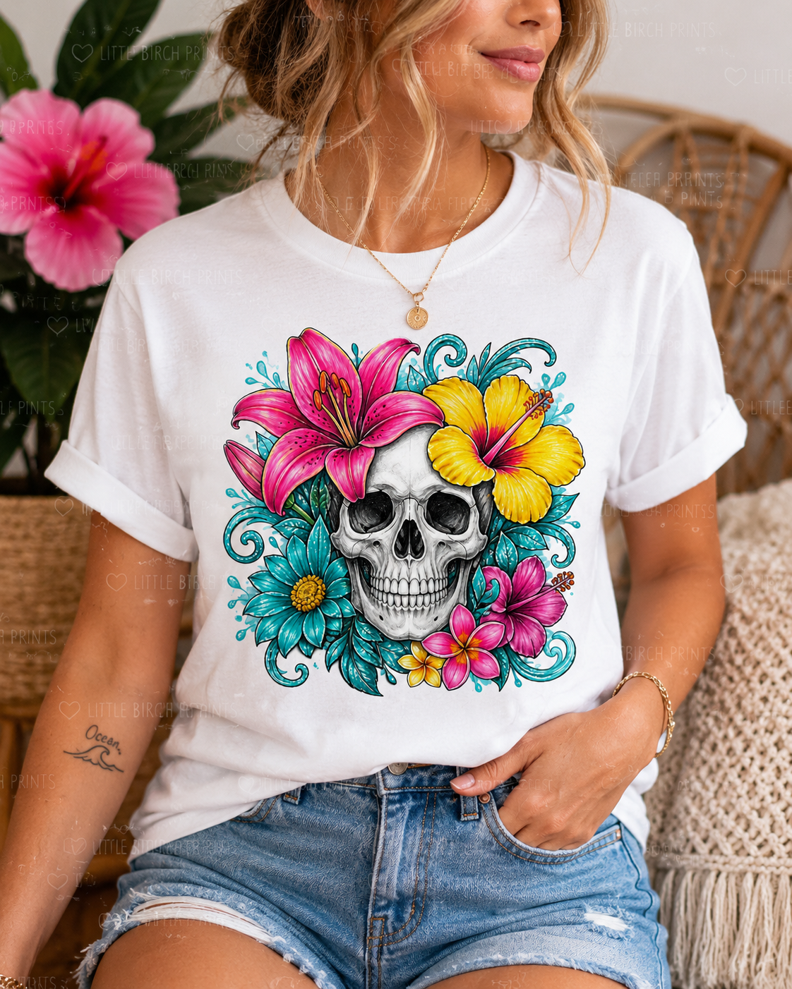 Tattoo-inspired floral skull PNG digital download with vibrant tropical flowers and spooky cute gothic aesthetic for POD designs.