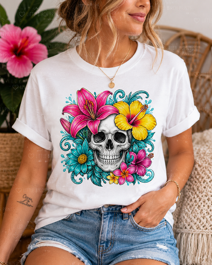 Tattoo-inspired floral skull PNG digital download with vibrant tropical flowers and spooky cute gothic aesthetic for POD designs.