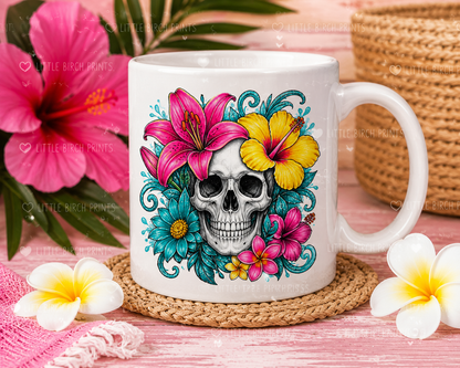 Tattoo-inspired floral skull PNG digital download with vibrant tropical flowers and spooky cute gothic aesthetic for POD designs.