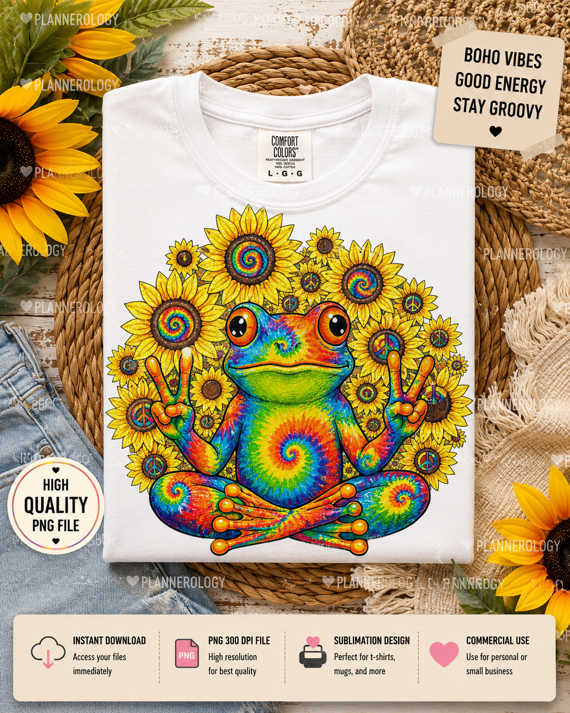 Tie dye psychedelic frog PNG digital download with sunflowers and peace signs for festival apparel and sublimation projects.