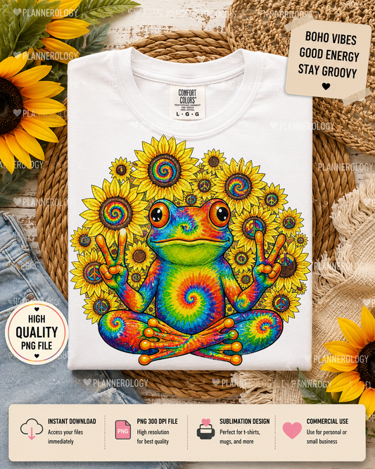 Tie dye psychedelic frog PNG digital download with sunflowers and peace signs for festival apparel and sublimation projects.