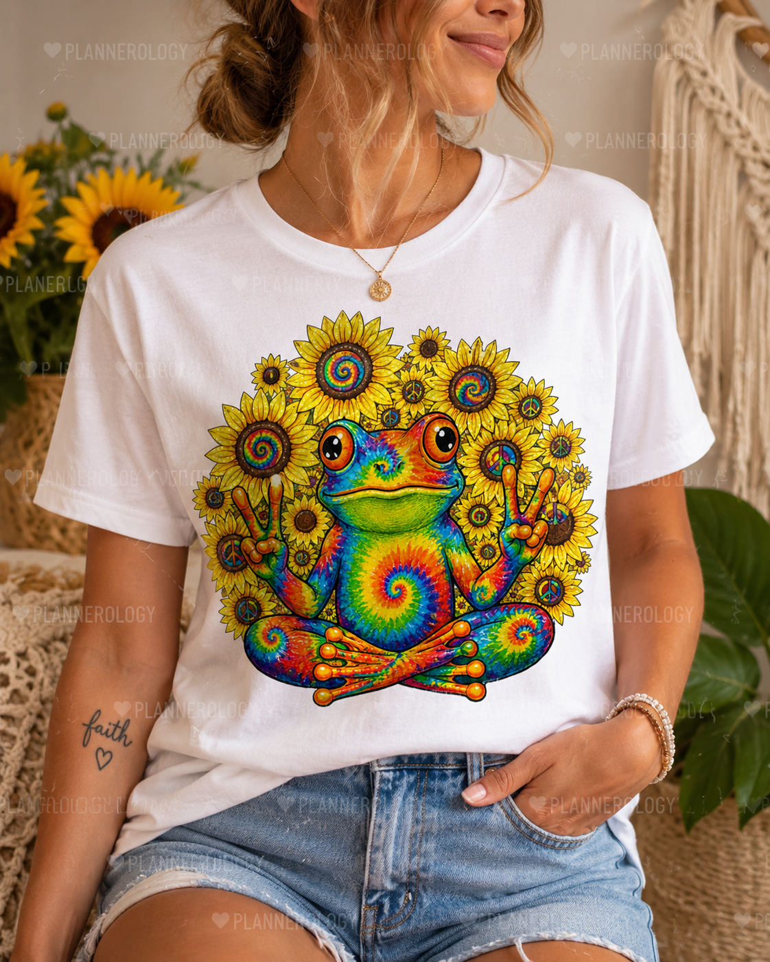 Rainbow psychedelic frog illustration with hippie sunflower peace signs for retro boho t-shirts, mugs, tote bags, and POD designs.