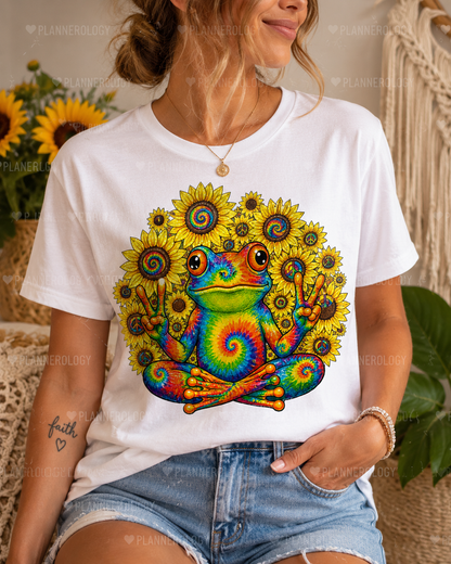 Rainbow psychedelic frog illustration with hippie sunflower peace signs for retro boho t-shirts, mugs, tote bags, and POD designs.