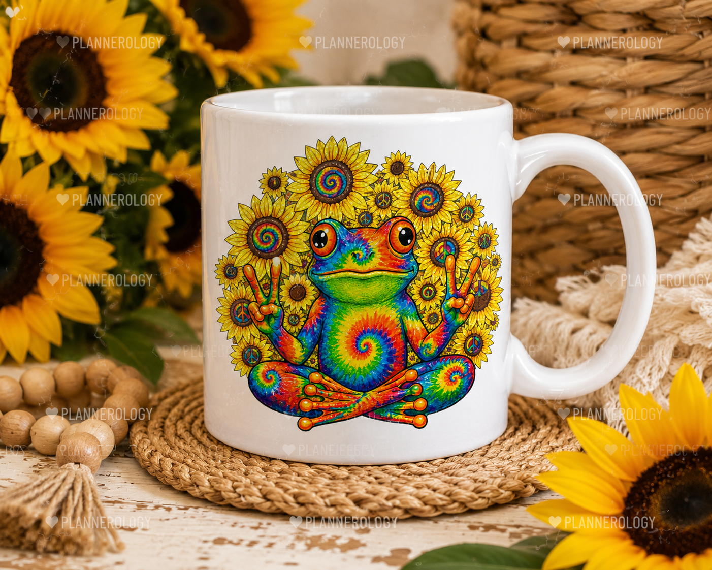 Rainbow psychedelic frog illustration with hippie sunflower peace signs for retro boho t-shirts, mugs, tote bags, and POD designs.