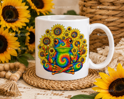 Rainbow psychedelic frog illustration with hippie sunflower peace signs for retro boho t-shirts, mugs, tote bags, and POD designs.
