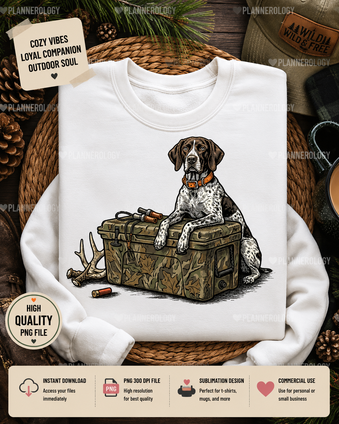 Rustic German Shorthaired Pointer PNG hunting dog illustration for outdoor apparel and sublimation projects.