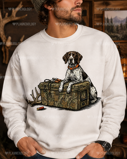 Vintage hunting dog woodcut artwork featuring a German Shorthaired Pointer with cooler and sporting gear for POD products.