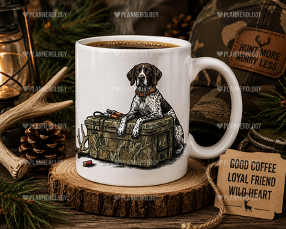 Vintage hunting dog woodcut artwork featuring a German Shorthaired Pointer with cooler and sporting gear for POD products.