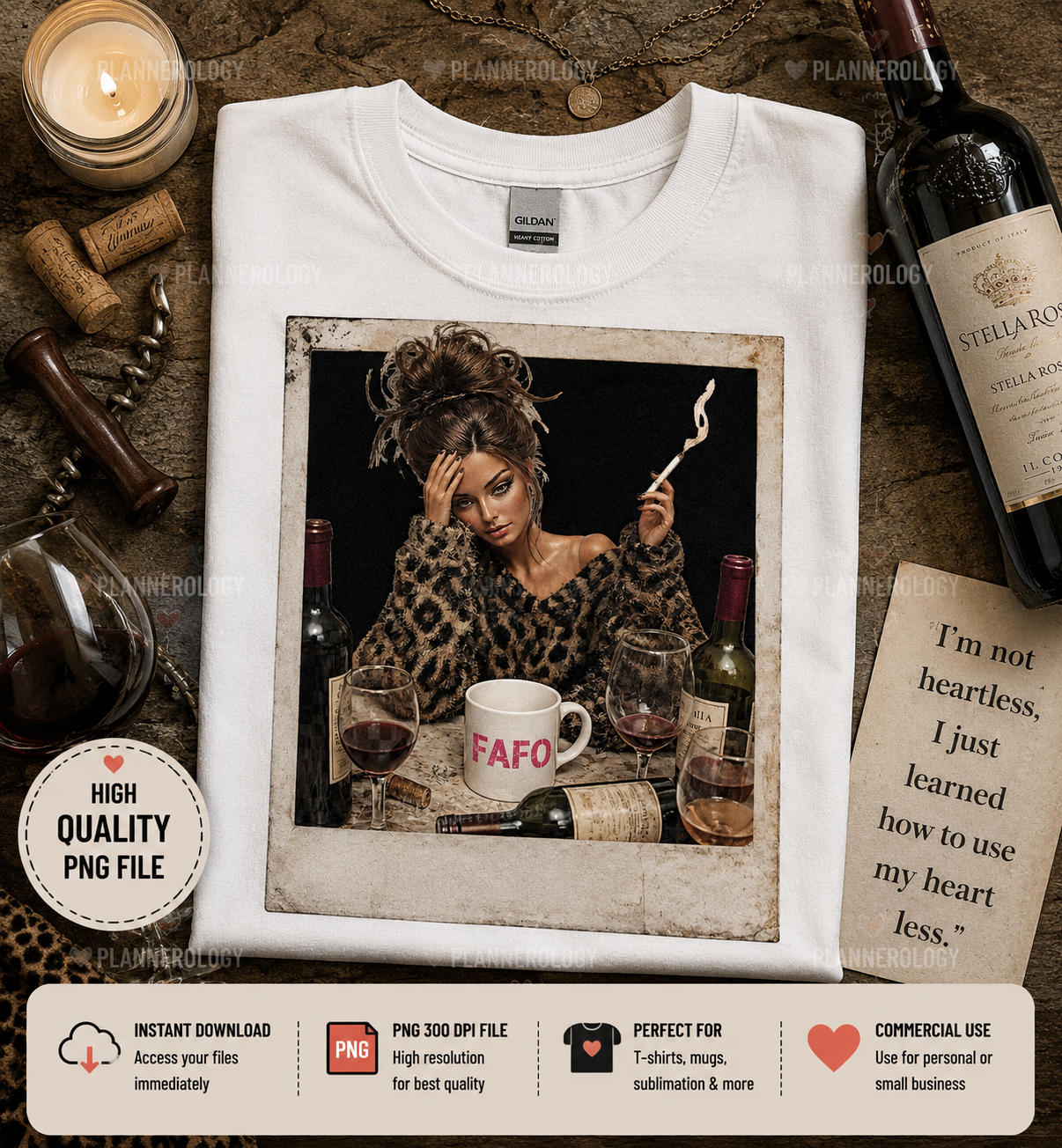 FAFO fashion doll PNG with messy bun leopard print and wine aesthetic