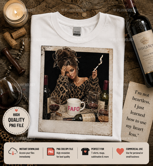 FAFO fashion doll PNG with messy bun leopard print and wine aesthetic