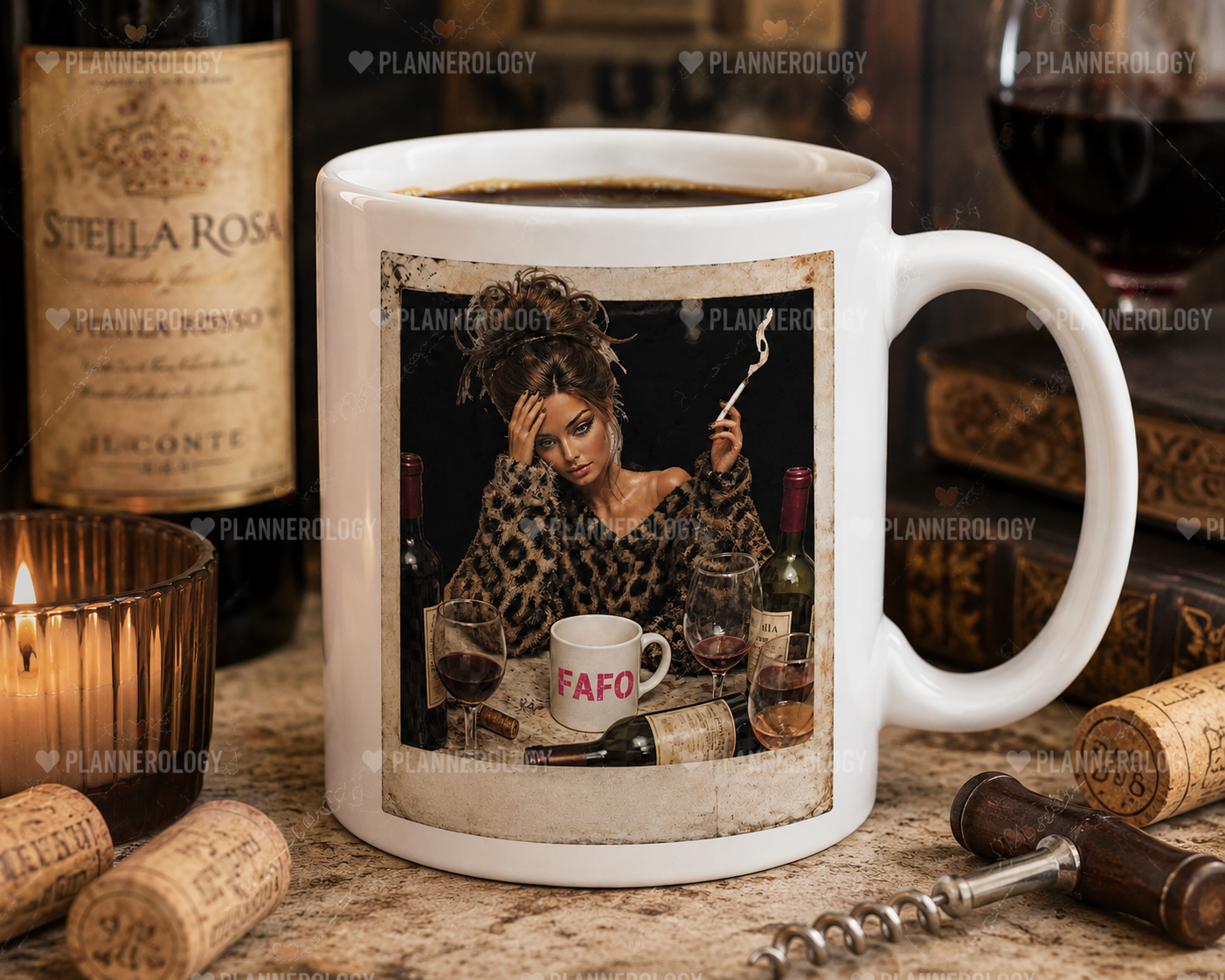 Retro edgy fashion doll PNG design with leopard sweater and wine glasses