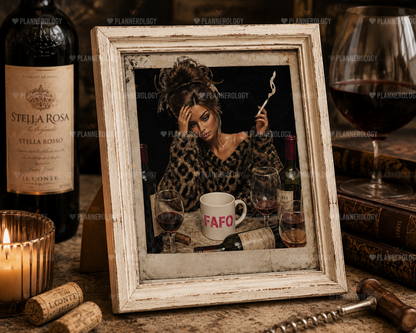 Retro edgy fashion doll PNG design with leopard sweater and wine glasses