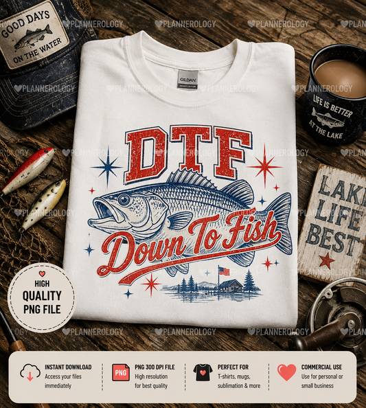 Patriotic Down To Fish PNG design with retro bass fishing illustration