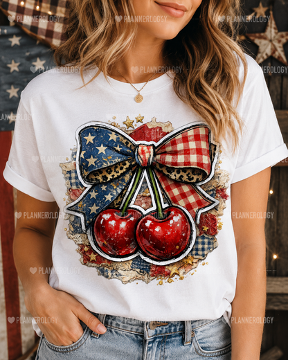 Cute patriotic cherries and coquette bow PNG for summer apparel designs