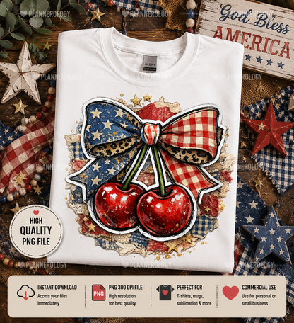 Fourth of July cherry bow PNG design for trendy boutique apparel