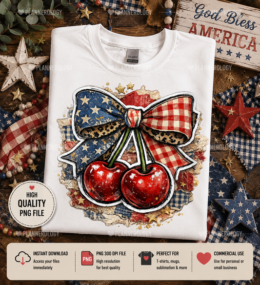 Fourth of July cherry bow PNG design for trendy boutique apparel