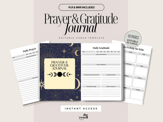 Prayer & Gratitude Journal Canva Template | 10 Pages Editable | Christian Devotional PLR + MRR | Faith-Based Digital Planner