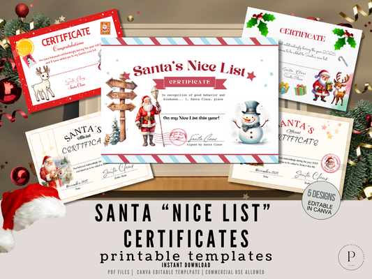 Editable Santa Nice List Certificates - 5 Designs | Canva Template + Printable PDF | Christmas Certificate for Kids | North Pole Award