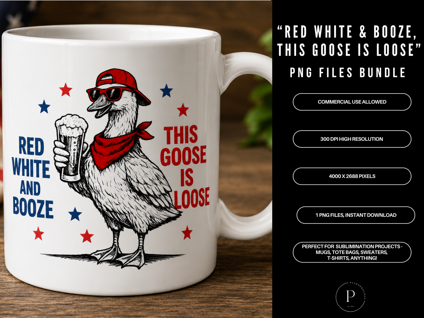 Red White & Booze Goose is Loose PNG – Funny 4th of July Sublimation Design for Shirts and Tote Bags, POD Commercial Use