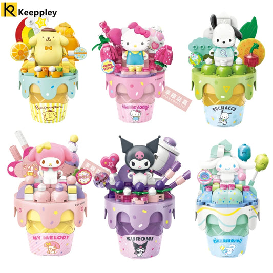 Sanrio Ice cream Cake shape Building Blocks Hello Kitty Cinnamoroll Pompompurin Kuromi Girl Small Children Educational Toy Gifts