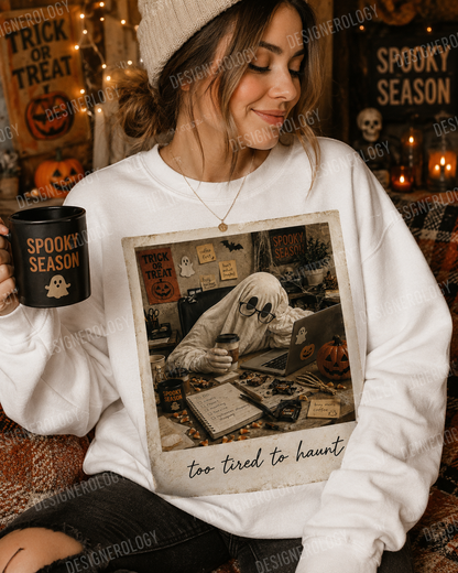 Funny sarcastic Halloween ghost PNG sublimation design featuring a spooky meme quote for t-shirts, mugs, tote bags and Halloween apparel.