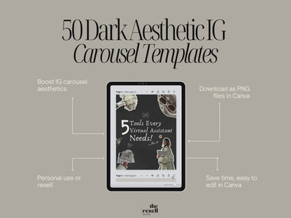 50 Dark Aesthetic Instagram Carousel Templates Canva | PLR + MRR Included | Editable Social Media Templates for IG Coaches + Brands