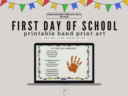 First Day of School Handprint Art | Back to School Printable Sign | Kids Keepsake Craft | Preschool DIY Activity | PDF JPG Canva Template