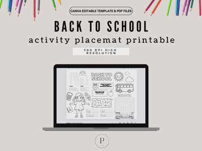 Back to School Coloring In Activity Placemat Printable | Editable Canva Template + PDF | First Day Kids Activity Page | 2 Designs-Boy & Girl