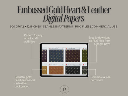 Gold Embossed Hearts on Leather Digital Papers | Luxury Backgrounds | 8 PNG Textures | 12x12 | 300 DPI | Commercial Use | Scrapbooking