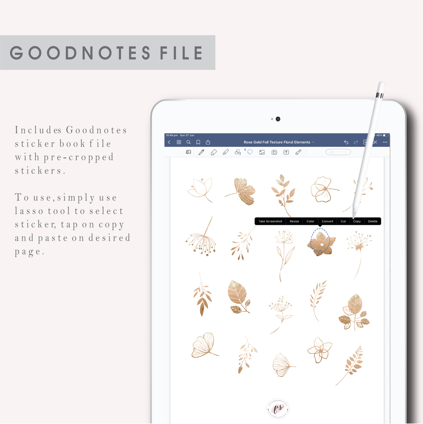 Rose Gold Floral Elements GoodNotes Pre-cropped Digital Sticker Book for iPad/Tablet (Freebie)