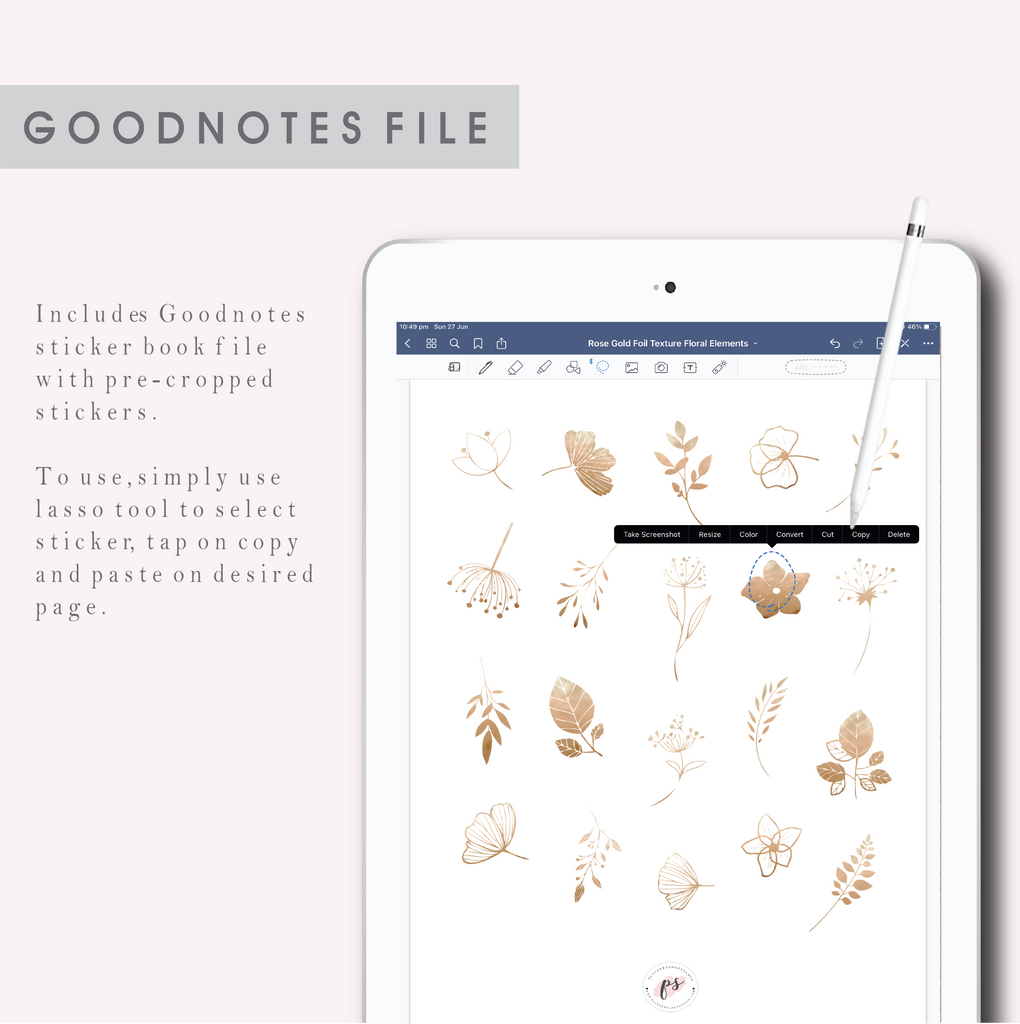 Rose Gold Floral Elements GoodNotes Pre-cropped Digital Sticker Book for iPad/Tablet (Freebie)