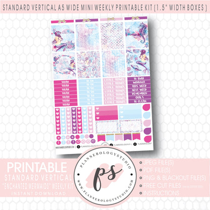 Enchanted Mermaids Mini Weekly Kit Digital Printable Planner Stickers (for use with Standard Vertical A5 Wide Planners)