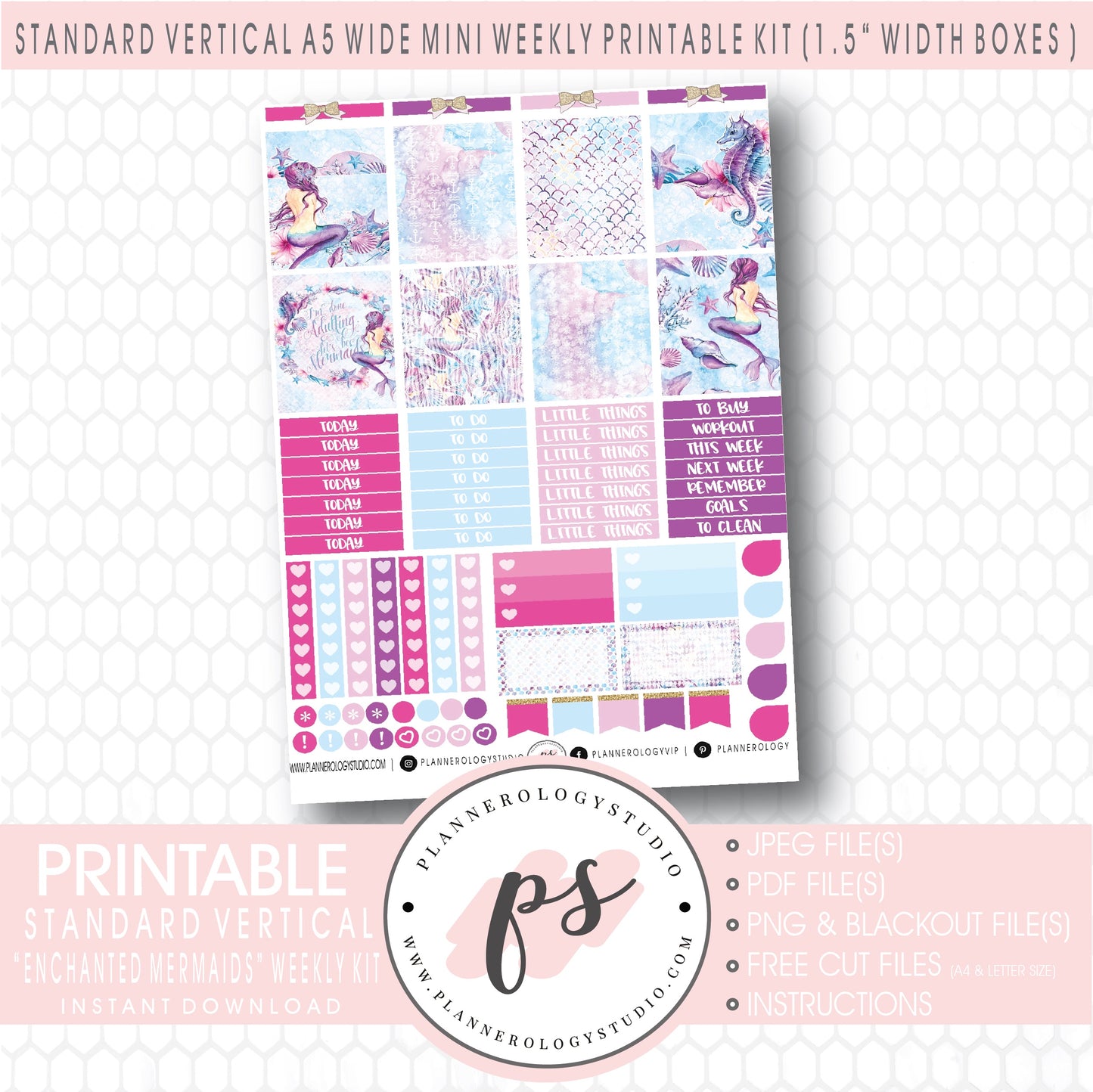 Enchanted Mermaids Mini Weekly Kit Digital Printable Planner Stickers (for use with Standard Vertical A5 Wide Planners)